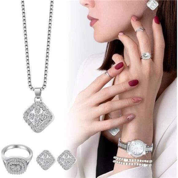6-Piece Silver-Tone Collection with Necklace, Bracelet, Ring, Earrings & Watch - Picture 7 of 8